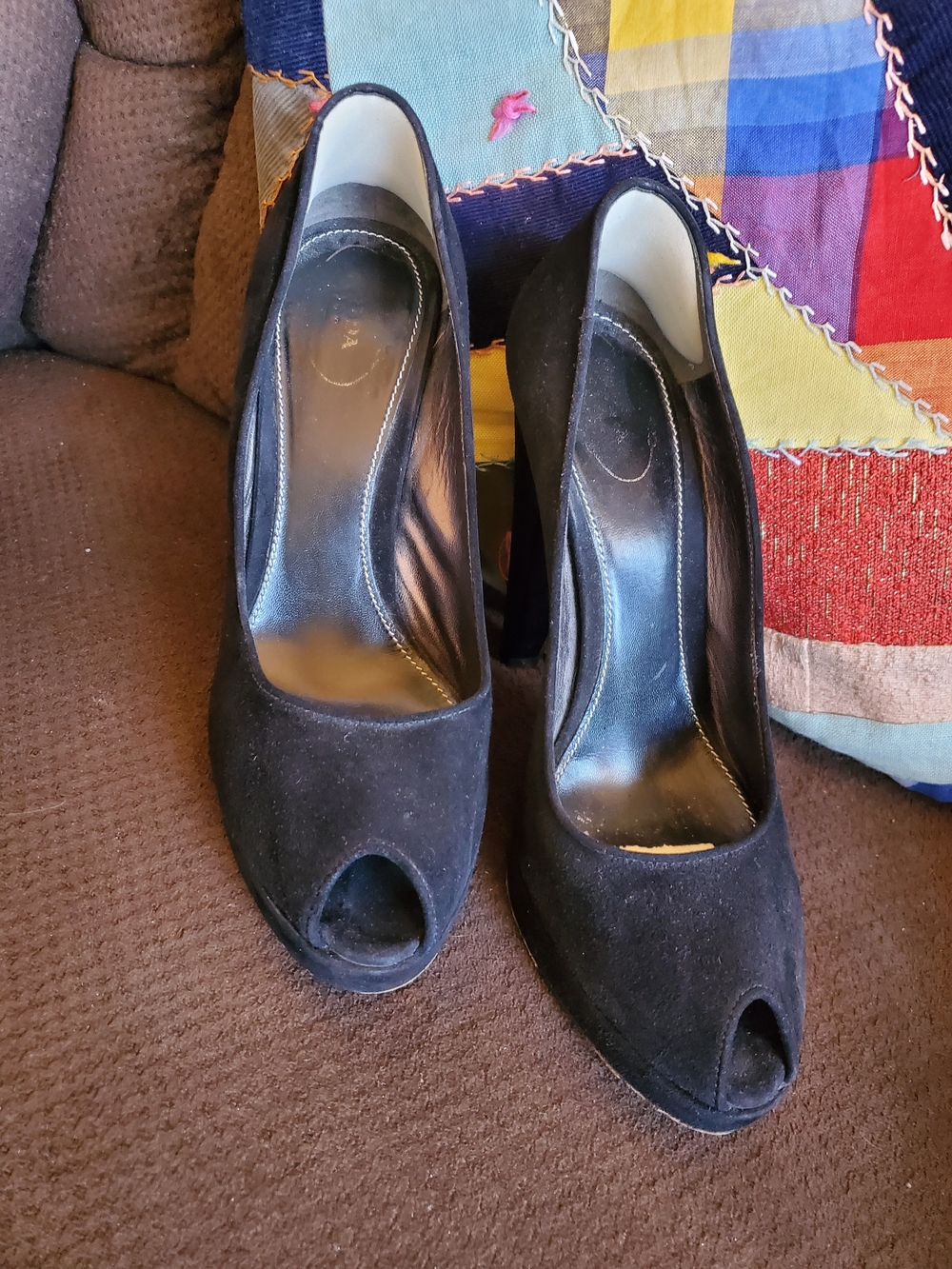Prada Black Suede Peep Toe Platform Pumps Heels Shoes Womens Size Us 8.5 EU 39